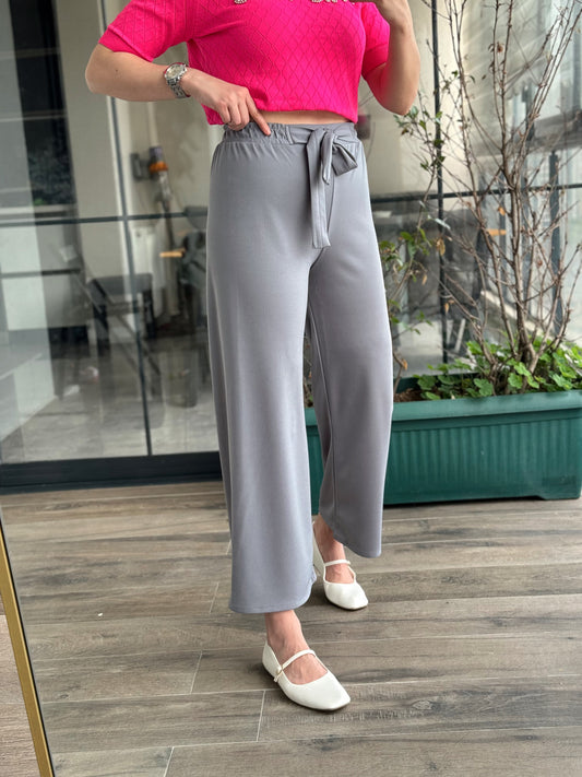 Kuşaklı Crep Kumaş Palazzo Pantolon-GRİ