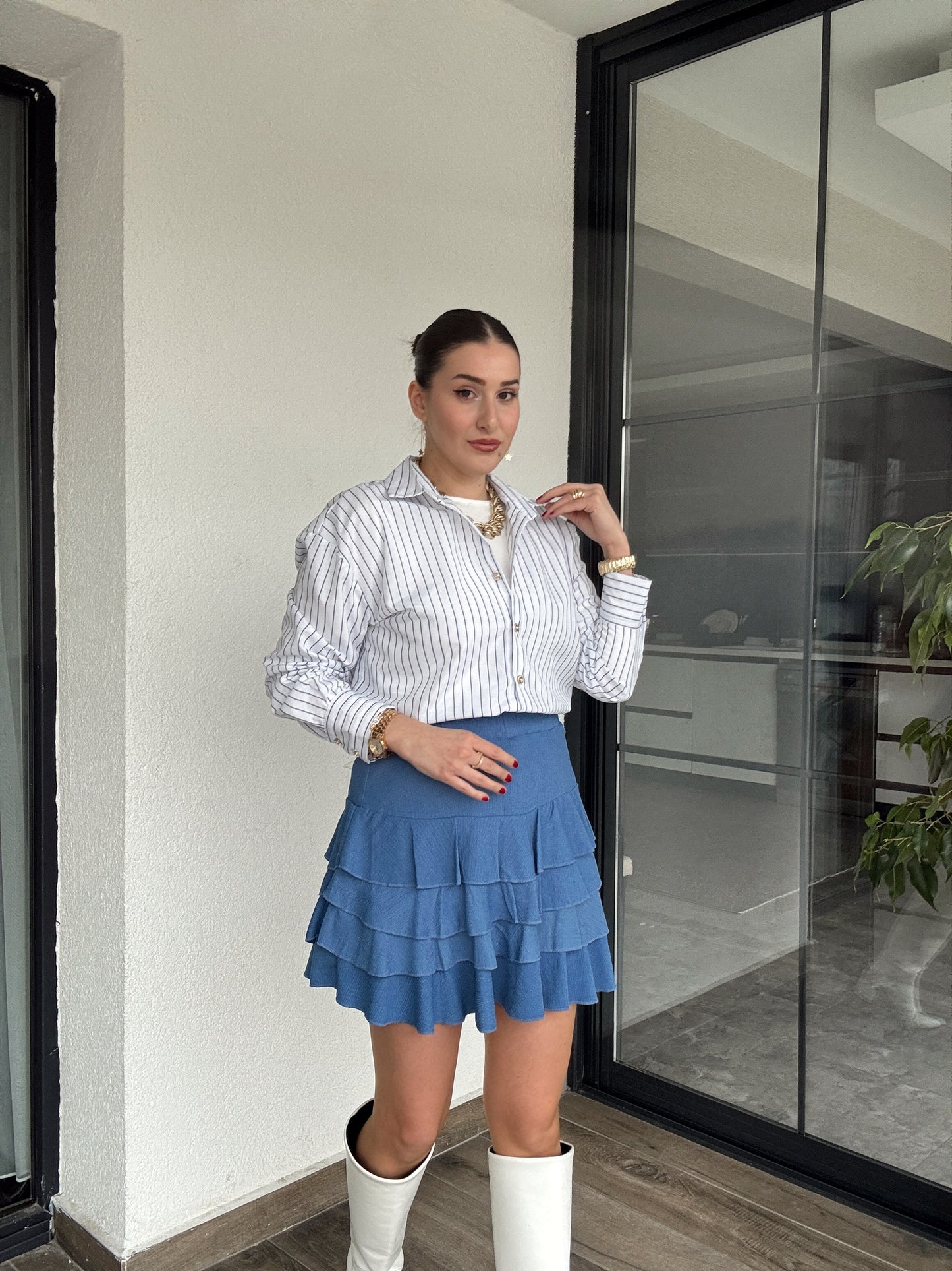 Astarlı Katlı Şort Etek - İNDİGO