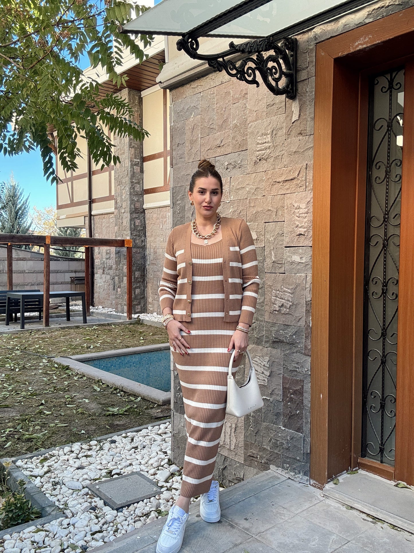 Çizgili Ceketli Elbise Takım CAMEL EKRU