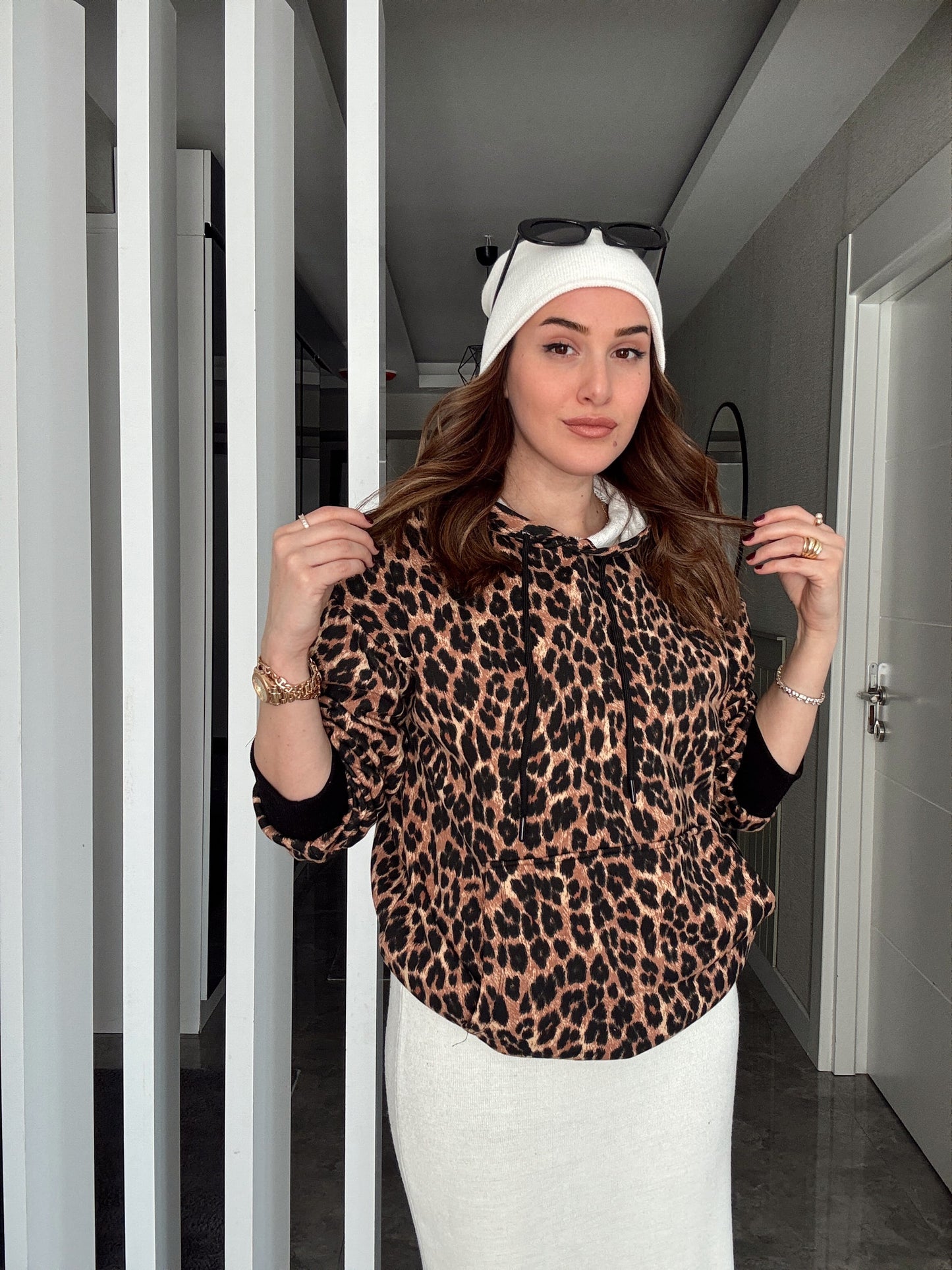 İki İplik Kapüşonlu Kanguru Cep Sweatshirt - LEOPAR