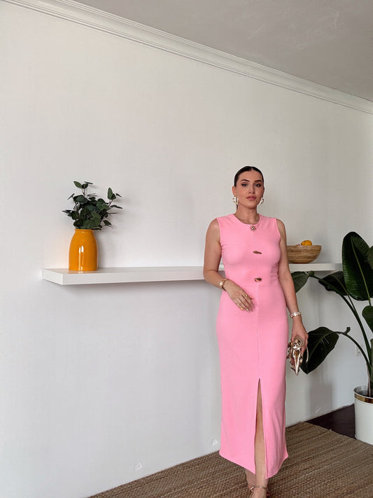 Ottoman sıfır kol düğmeli elbise Pembe