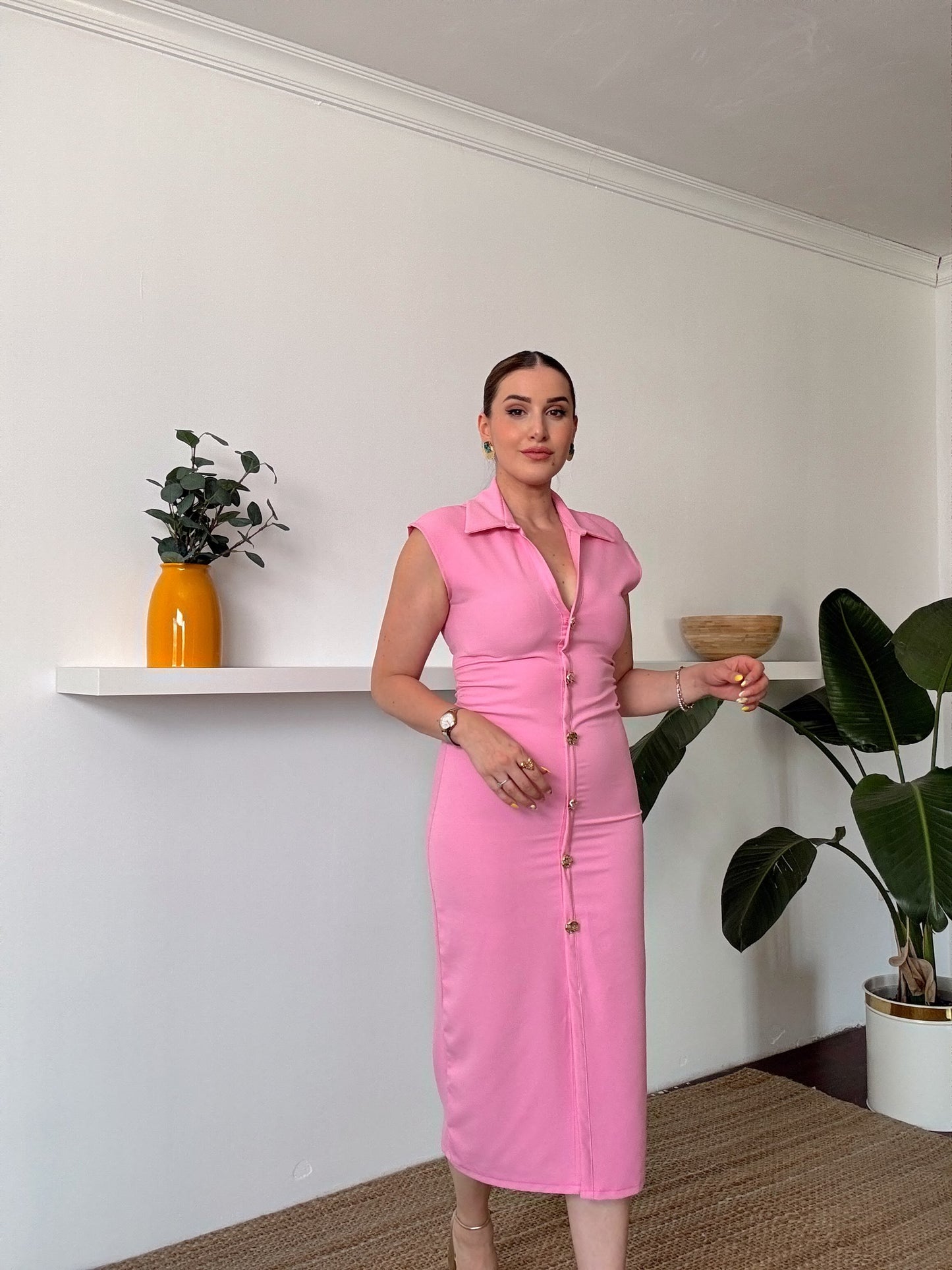 Ön Düğmeli Elbise Pembe