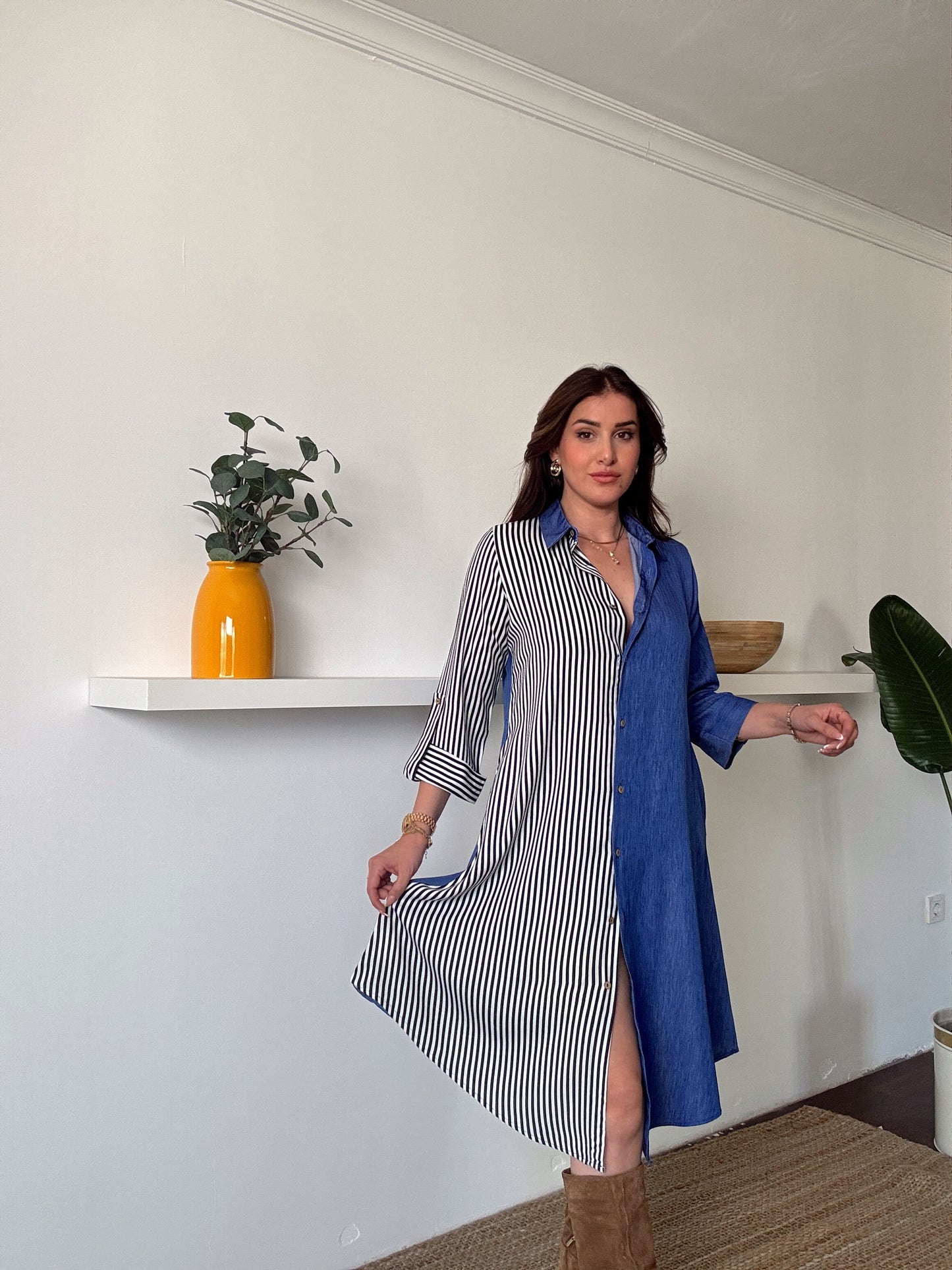 Çizgili tensel denim görünümlü elbise MAVİ