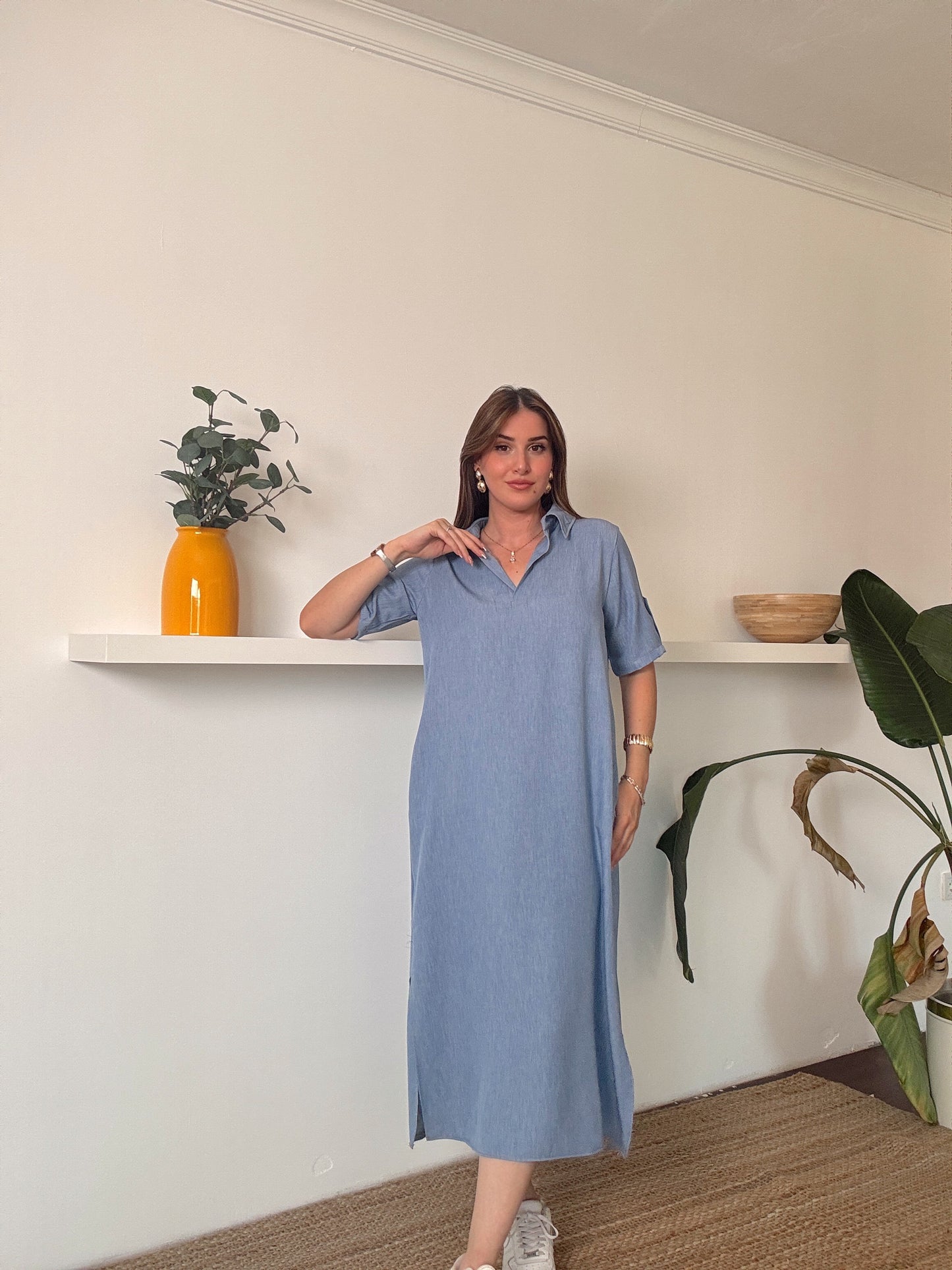 Polo yaka tensel kumaş elbise Açık Mavi