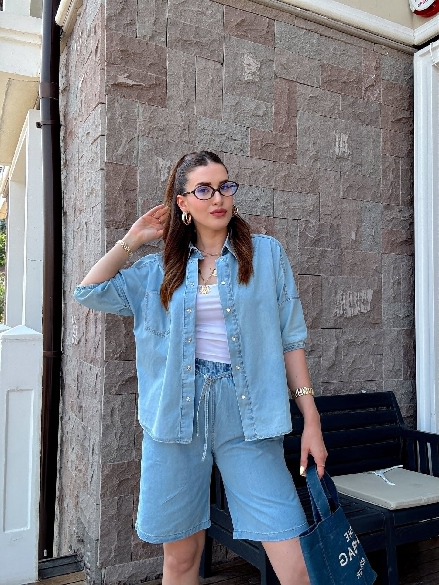 Şortlu oversize kot takım-AÇIK MAVİ