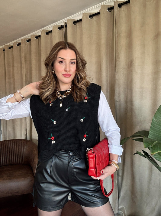 Nakışlı Bağlamalı Süveter - SİYAH