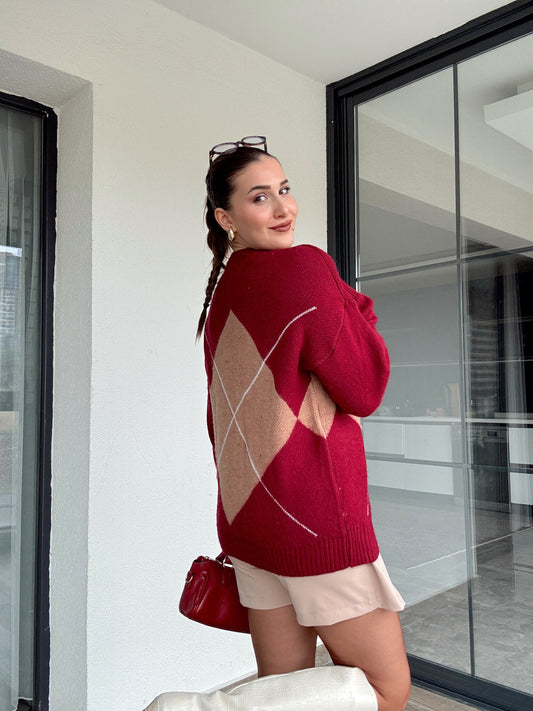 Klasik baklava desenli kazak BORDO