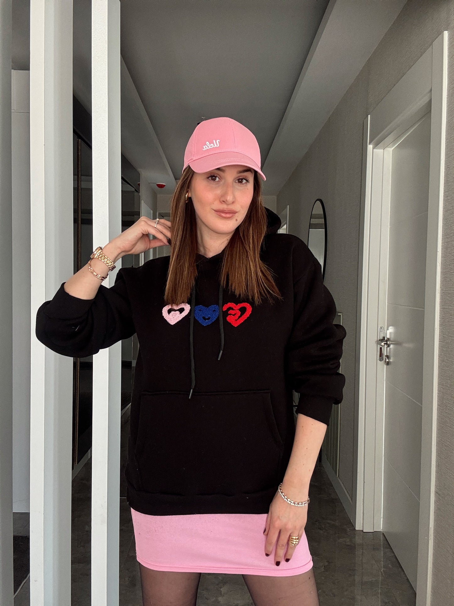 Kalp İşleme Kapüşonlu 3 İplik Sweatshirt - SİYAH