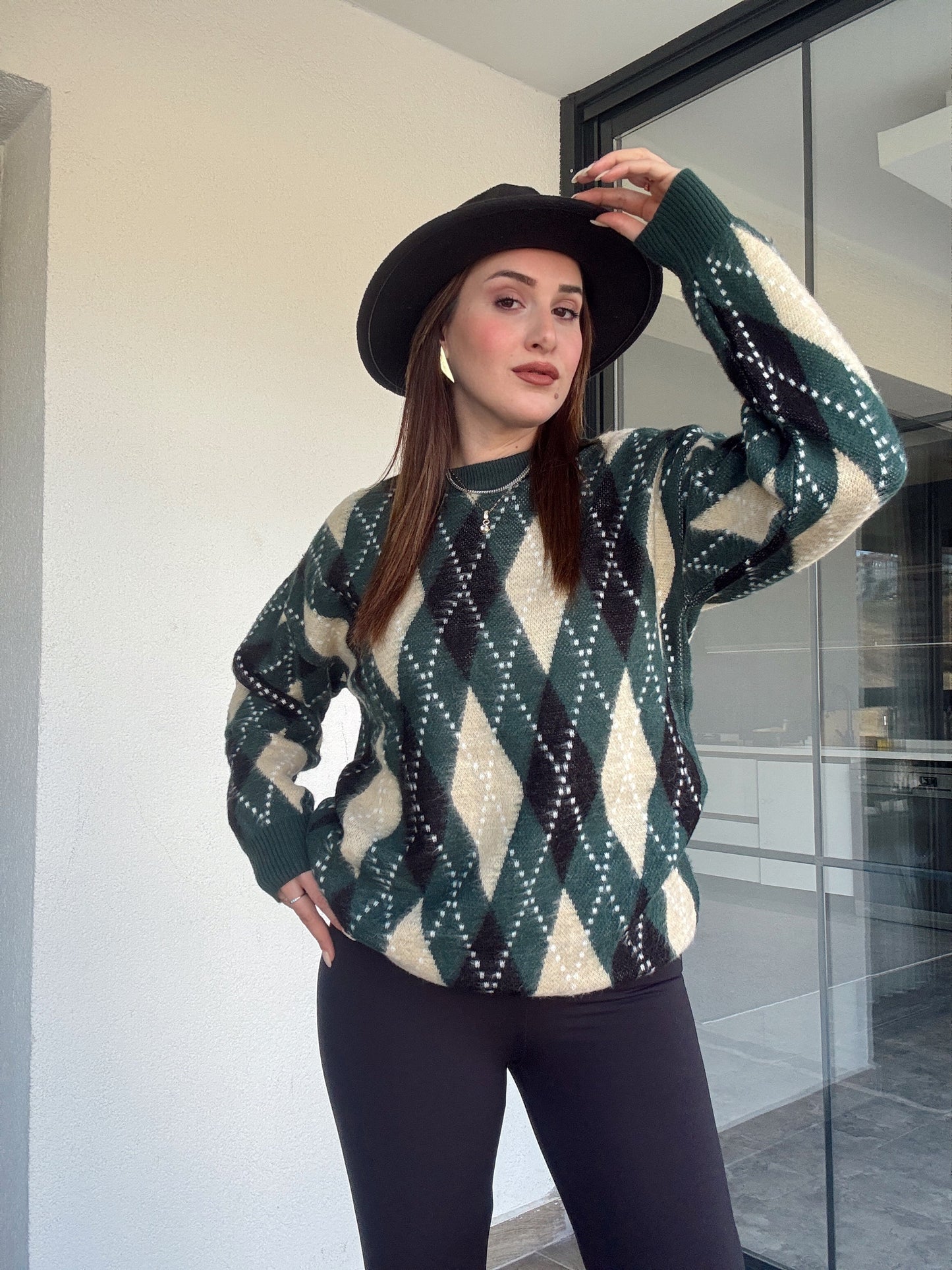 Tunik boy oversize baklava desenli kazak-YEŞİL
