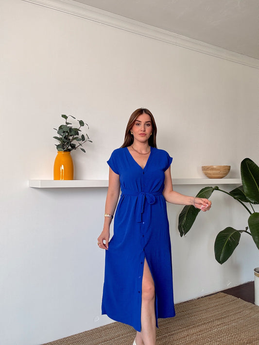 Aerobin Önü düğmeli Kuşaklı Elbise Saks Mavi