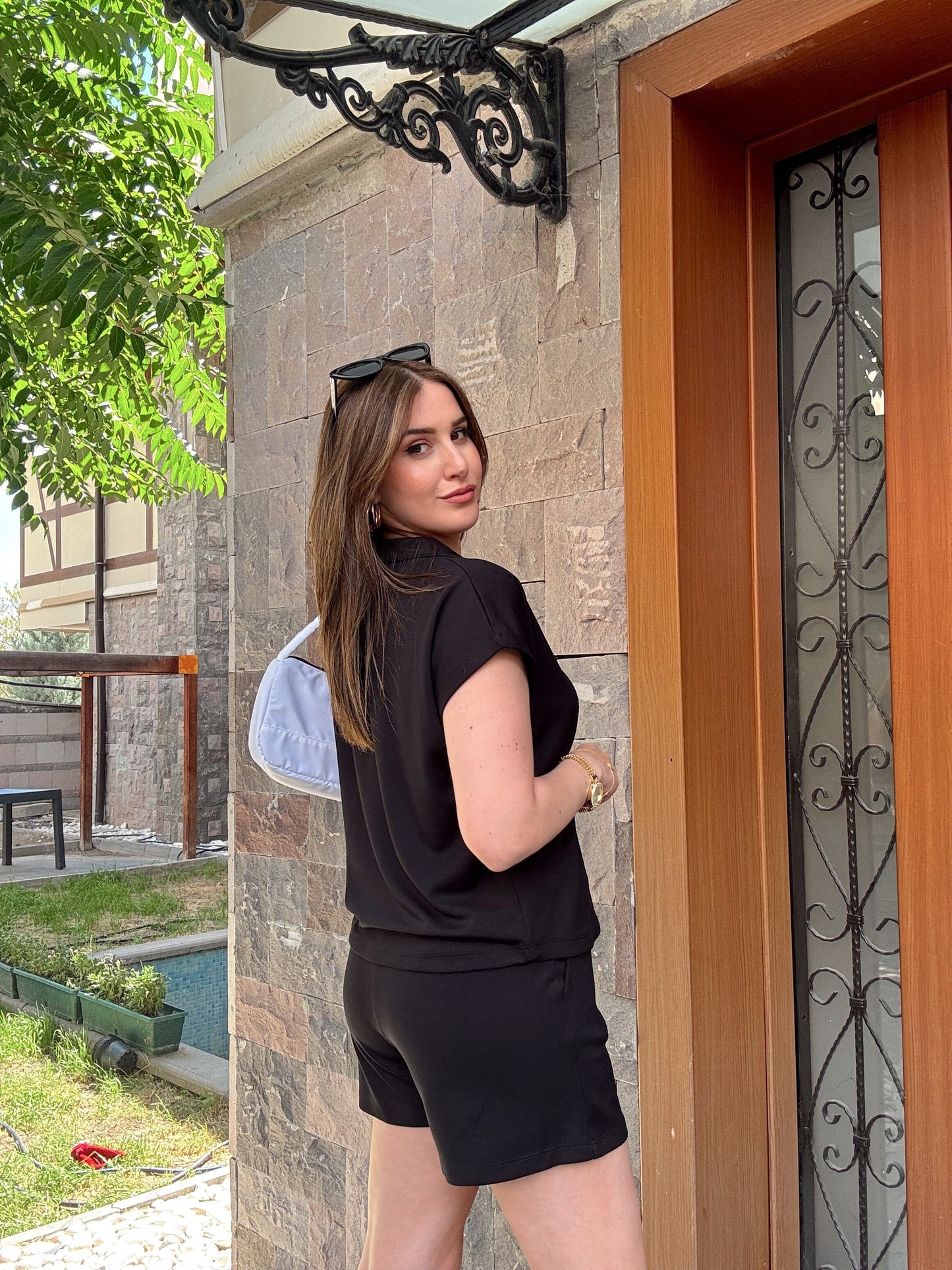 Polo yaka Modal Kumaş Şortlu Takım Siyah