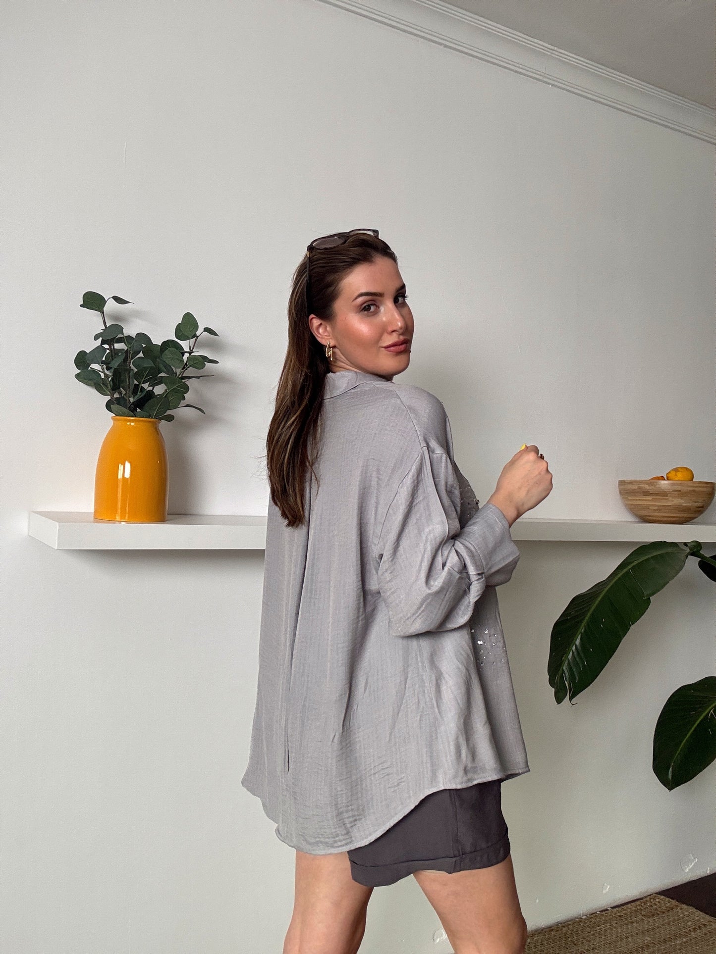 DİANA taş detaylı KETEN gömlek GRİ