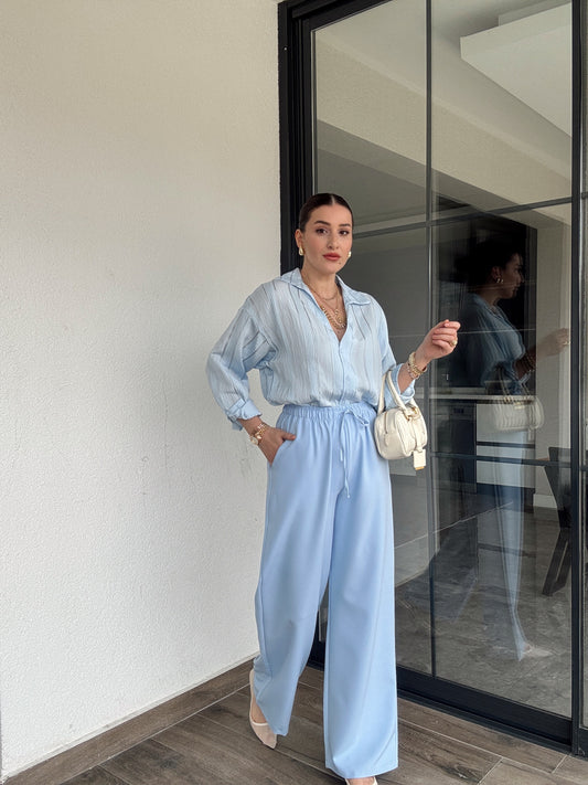 Luna Lastikli Palazzo Pantolon - BEBE MAVİ