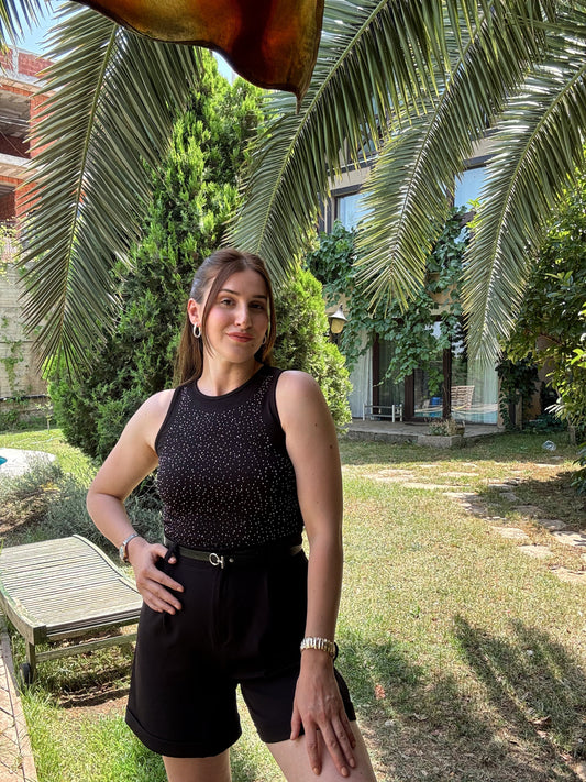 Önü Taşlı Atlet - SİYAH