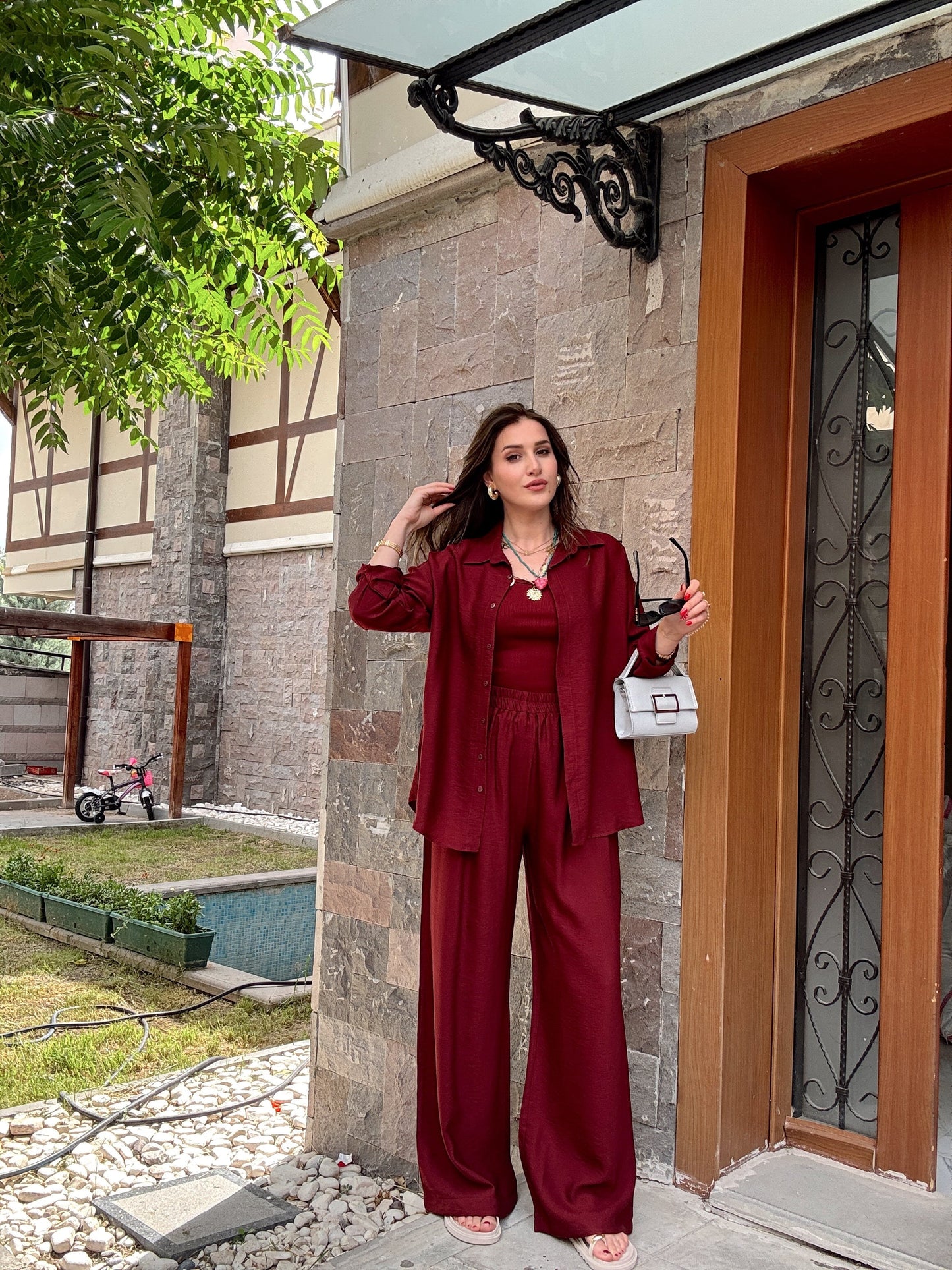 3 Parça Keten Takım Bordo