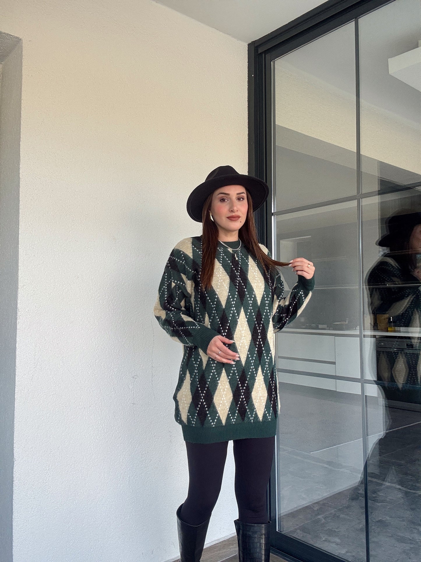 Tunik boy oversize baklava desenli kazak-YEŞİL