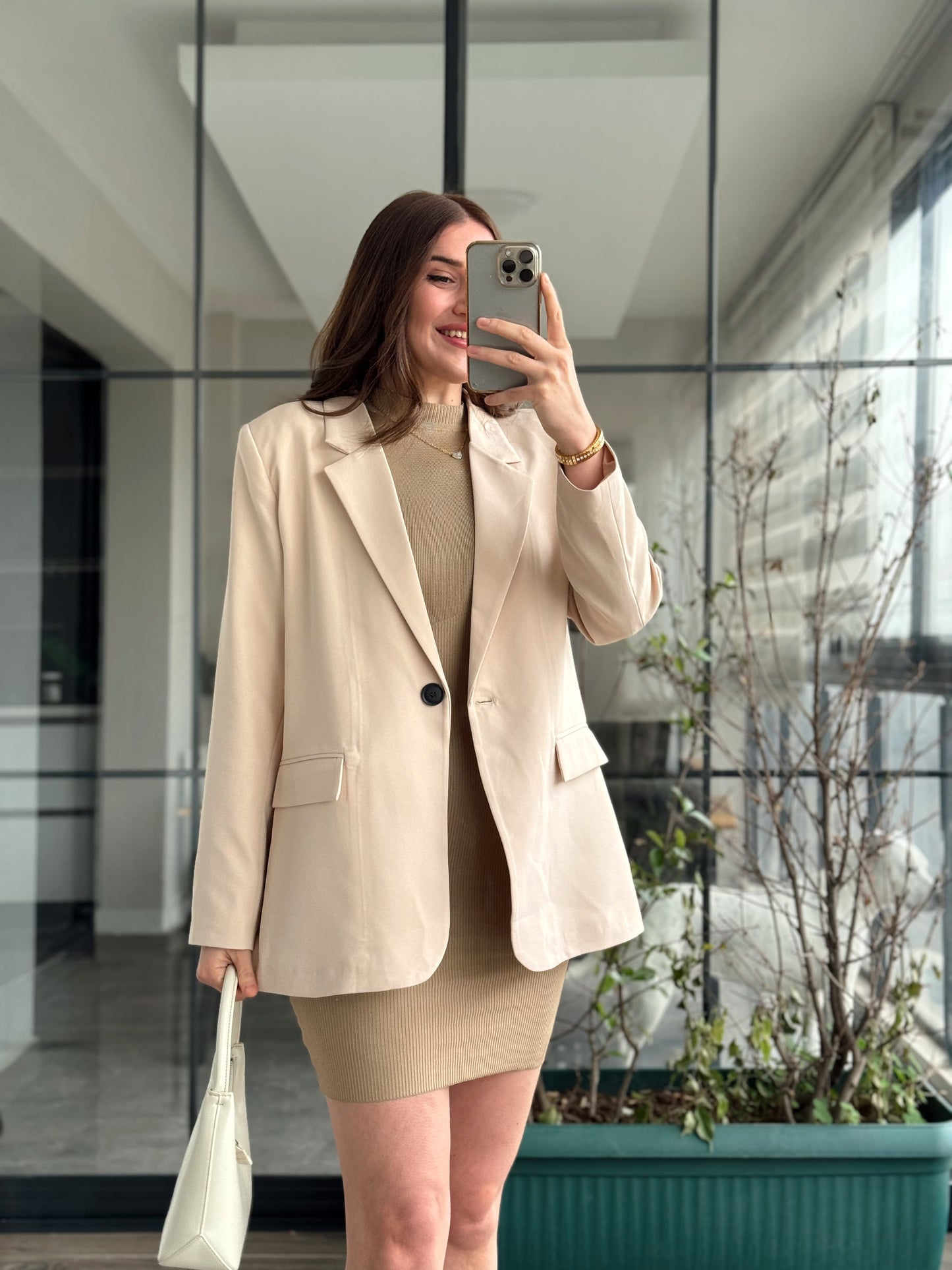 Vatkalı Premium Triko Elbise - CAMEL