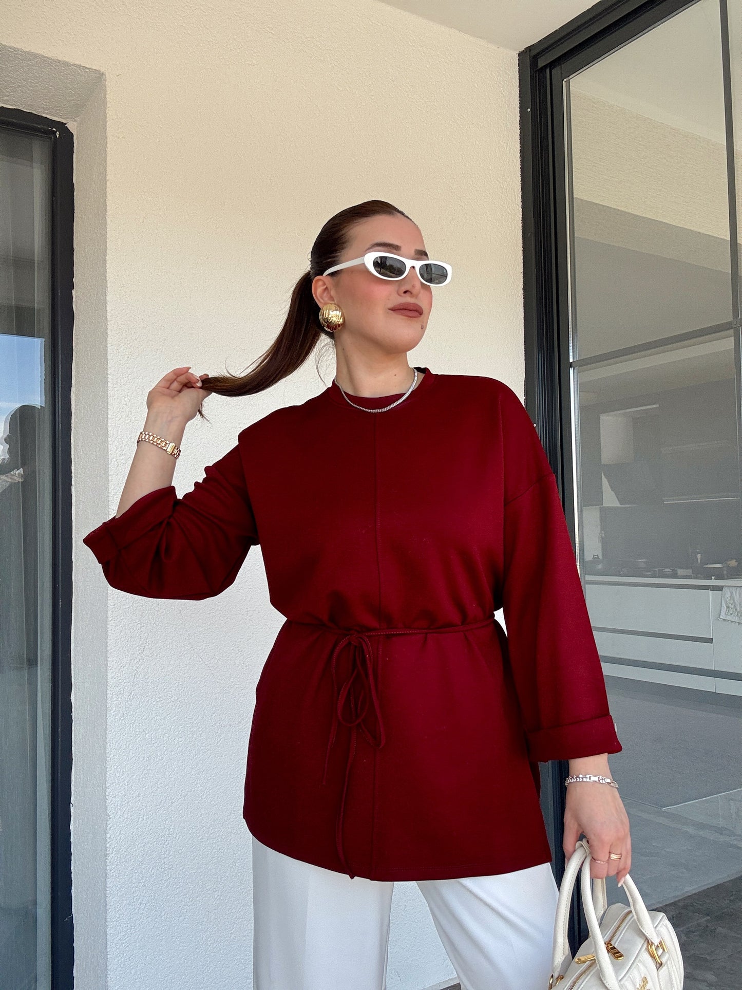 Modal kumaş duble kol tunik-BORDO