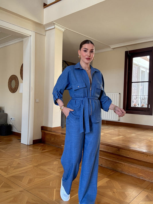 Kuşaklı Keten Takım İndigo