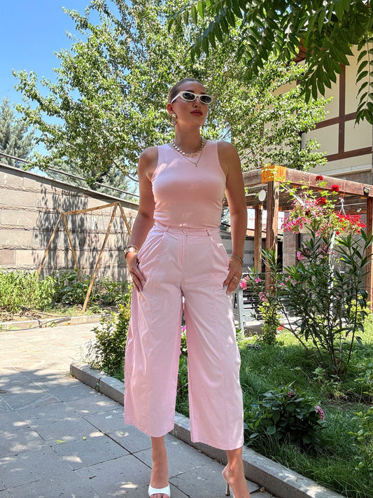 Taşlı arka bel lastikli bilek boy pantolon Pembe