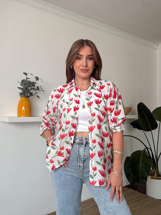 ZR MODEL cepli lale desenli gömlek BEYAZ