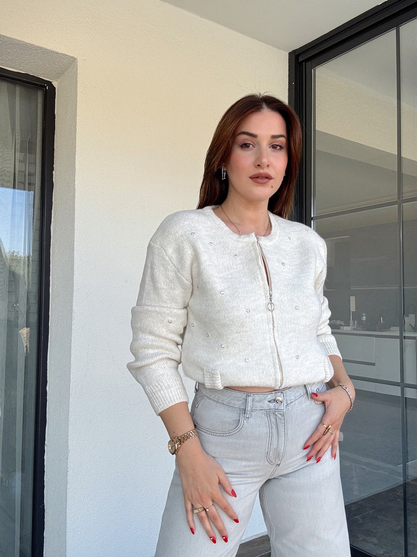 Fermuarlı Taşlı Triko Ceket Taş