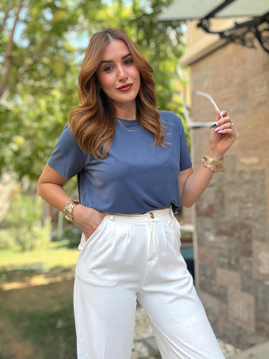 Tensel kumaş yırtmaçlı oversize tişört İndigo