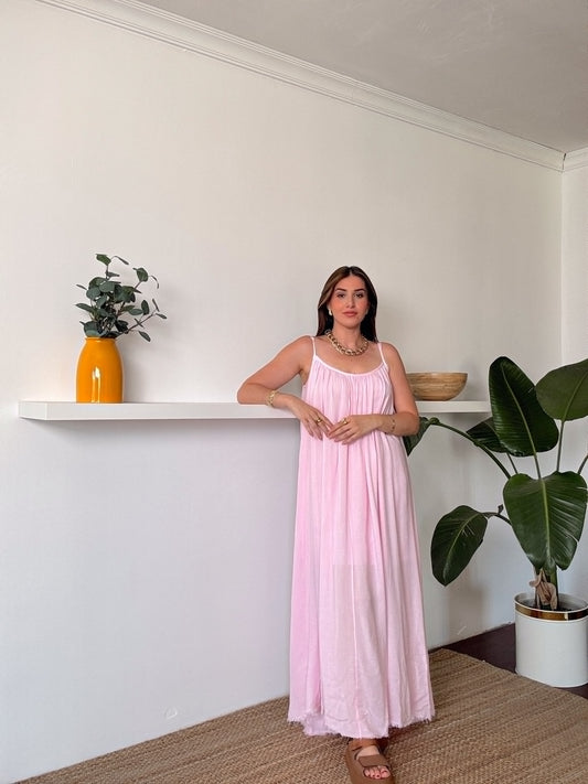 Viskon Vual İp Askılı Elbise Pembe