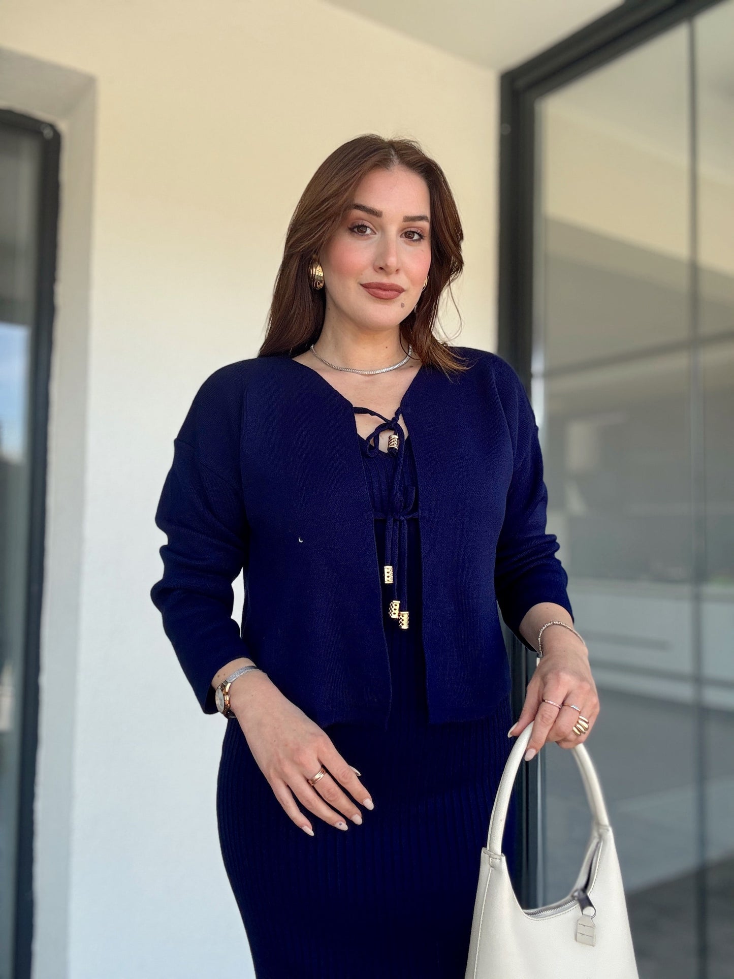 Önü Bağlama Jileli Triko Takım Lacivert