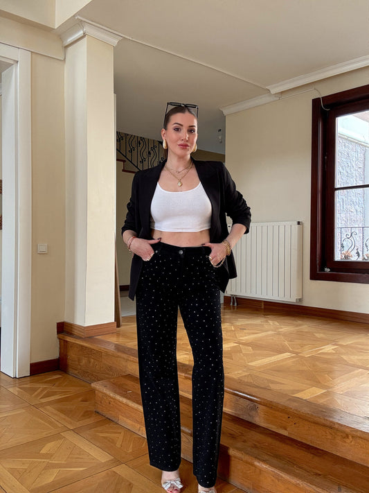 Taşlı Palazzo Jean Pantolon Siyah