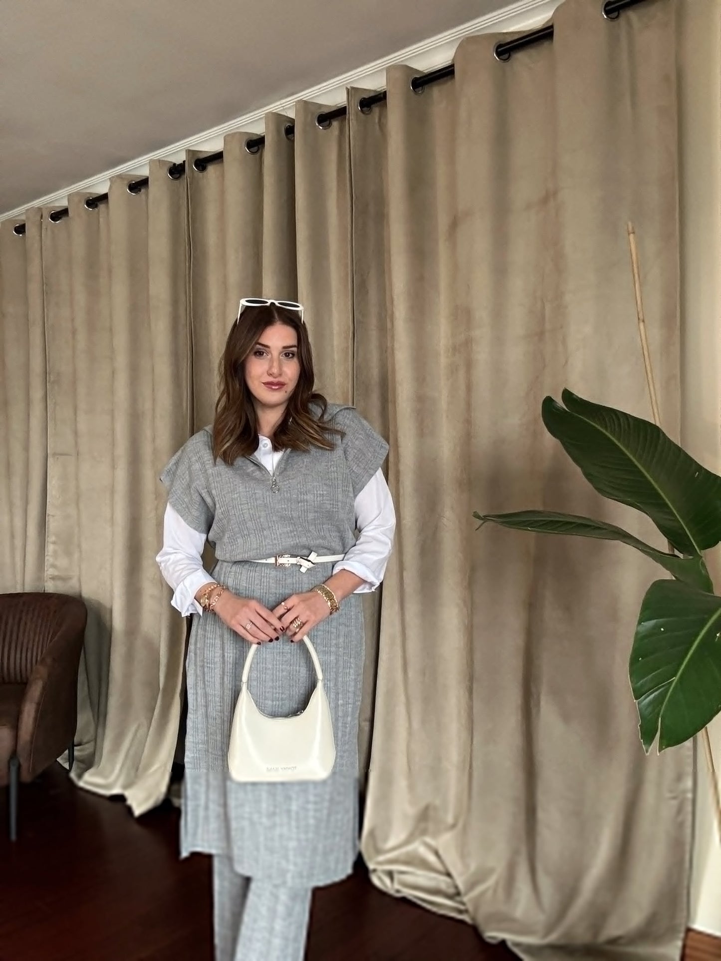 Süveterli Fitilli Triko Takım - GRİ