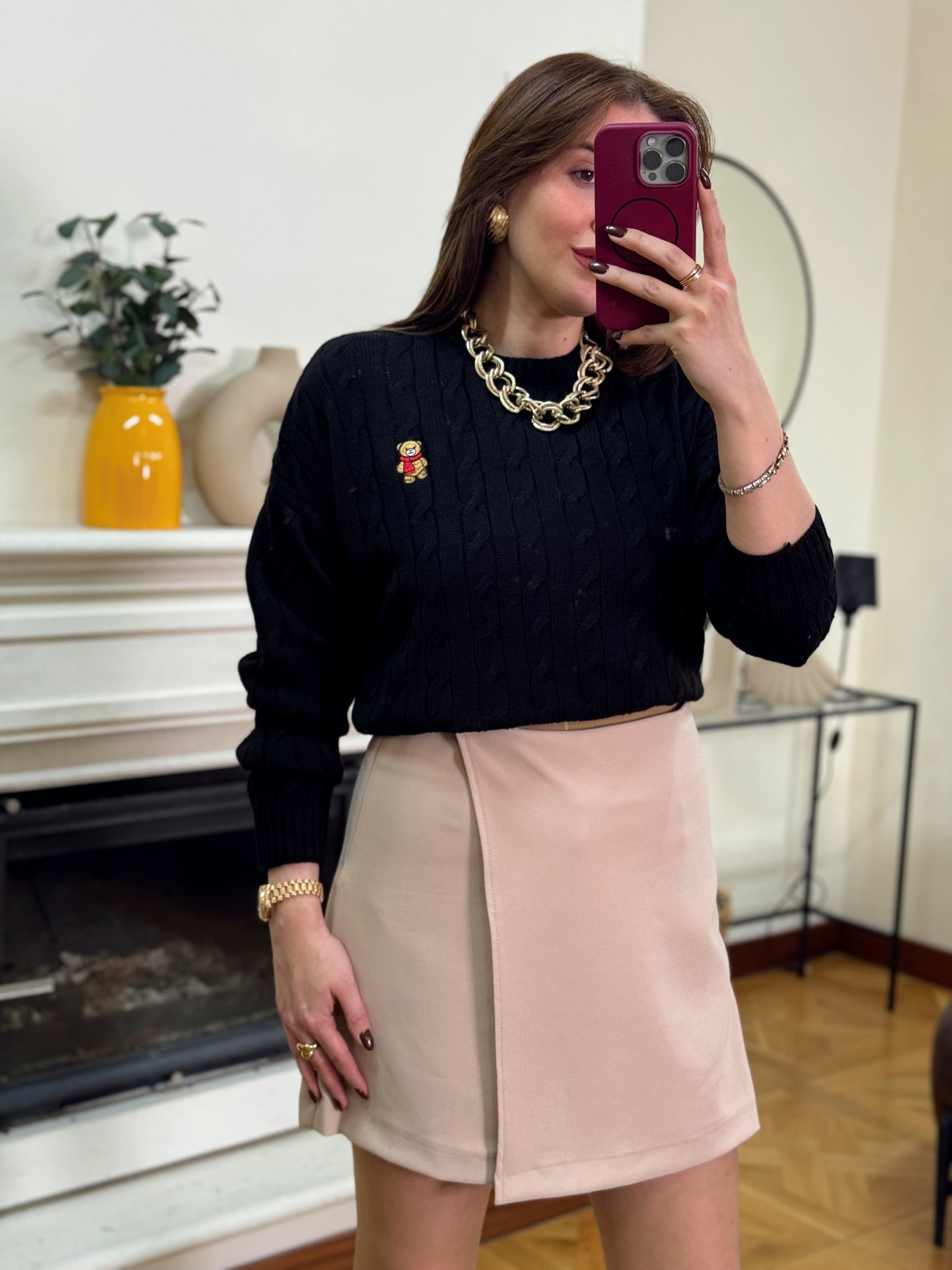 Saç örgü küçük ayıcık işlemeli kazak-SİYAH