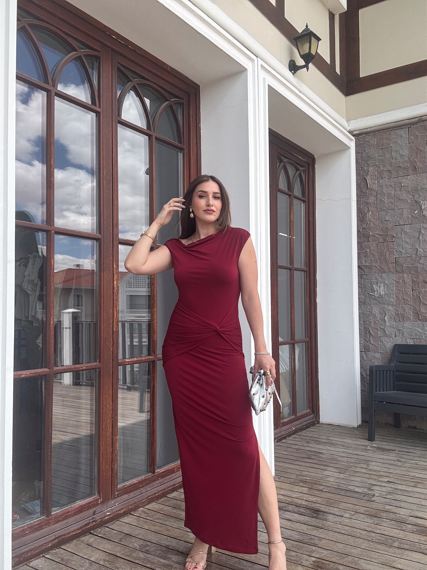 Düşük Omuz Yan Bağlama Elbise Bordo