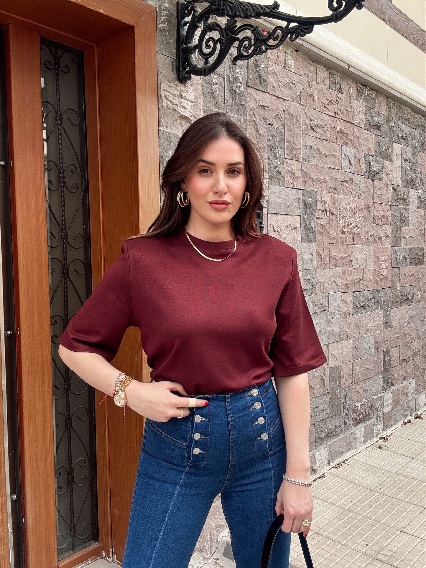 Vatkalı Pamuklu Basic Tişört Bordo