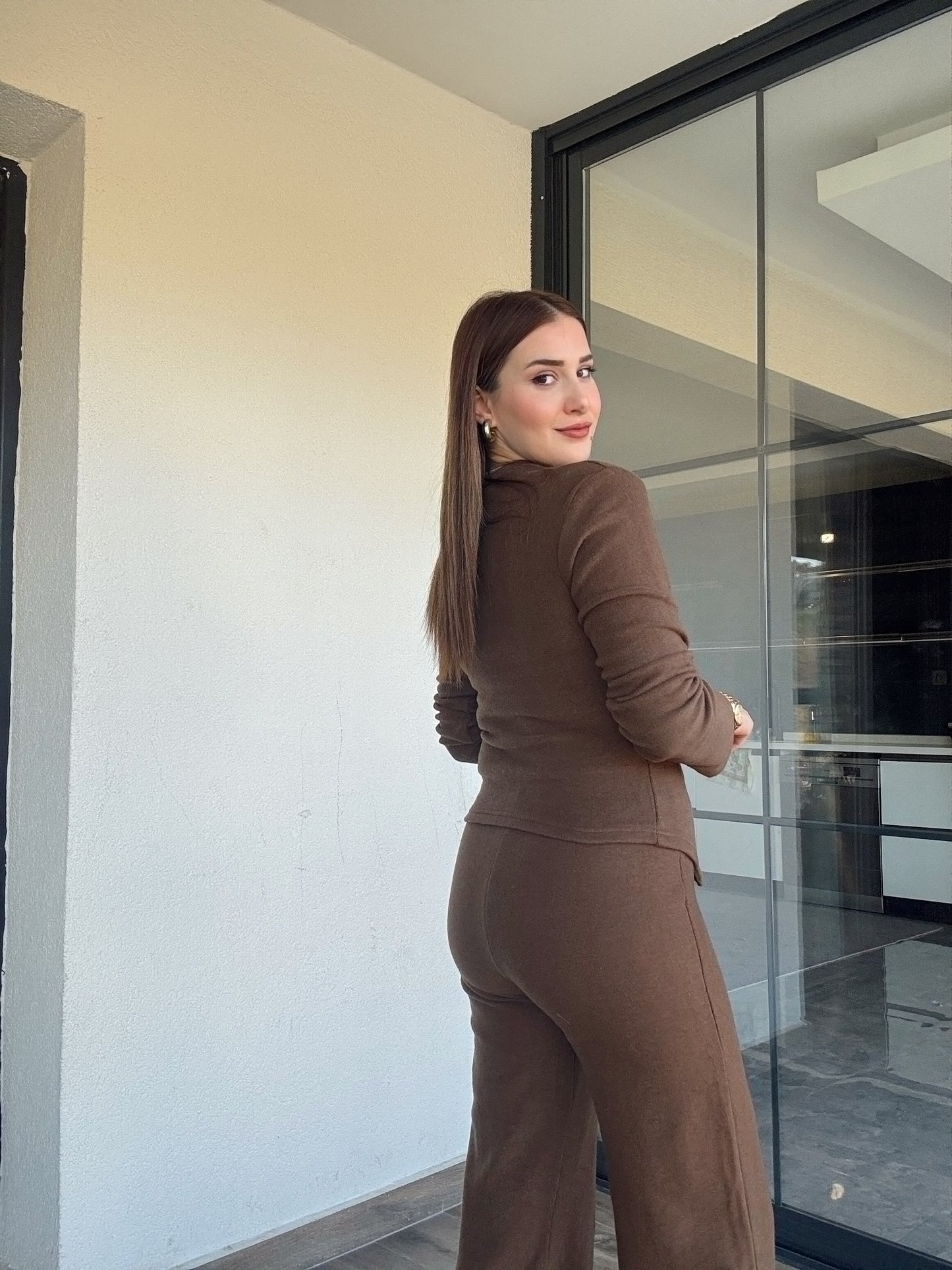 Selanik önü düğmeli ceket çimalı pantolon takım-KAHVERENGİ