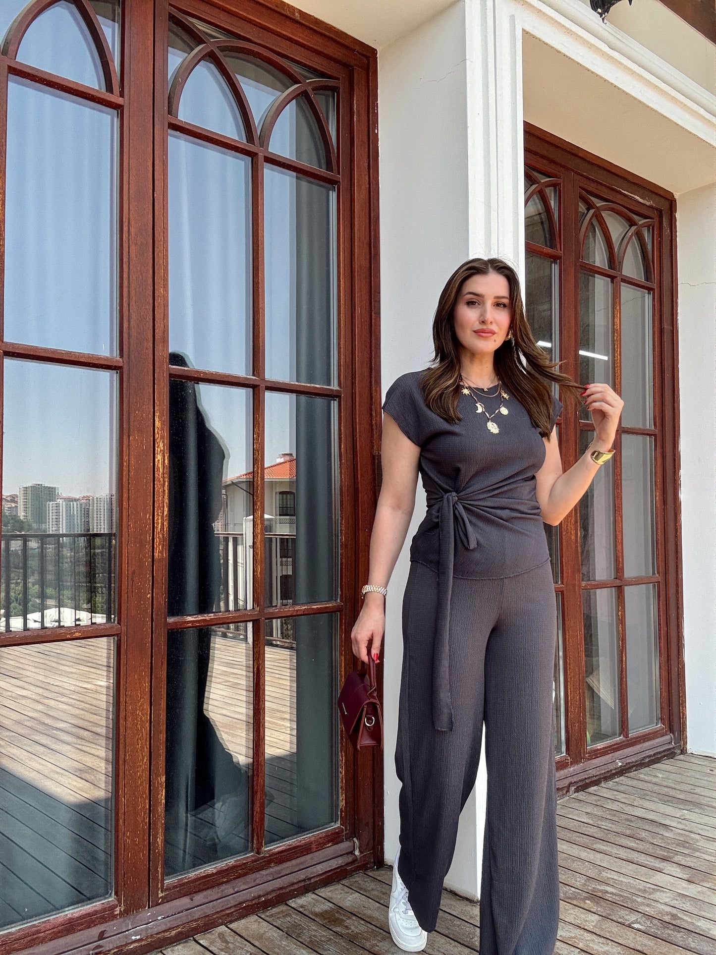 Bağlama detaylı bluz pantolon ikili takım Antrasit
