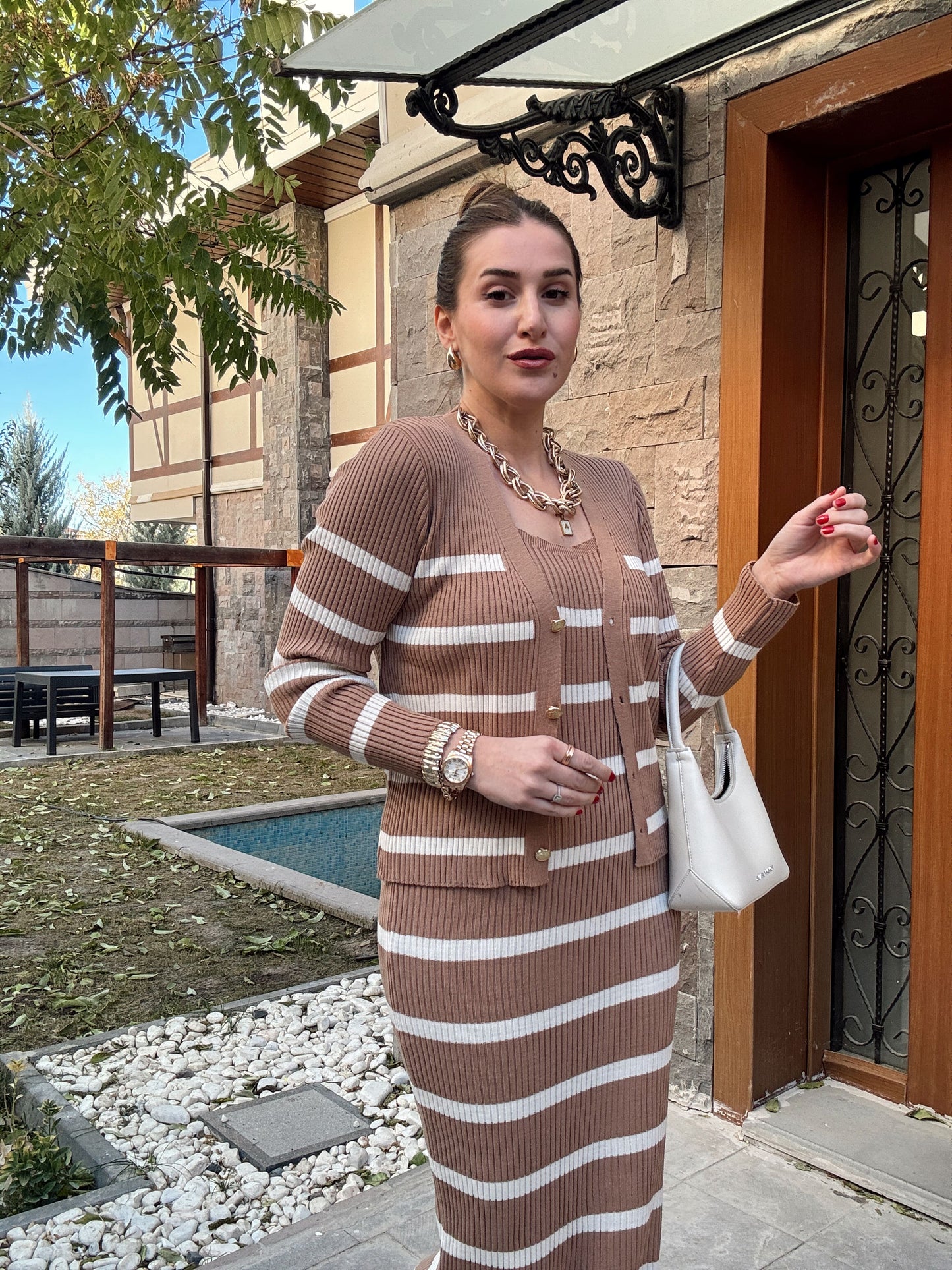 Çizgili Ceketli Elbise Takım CAMEL EKRU