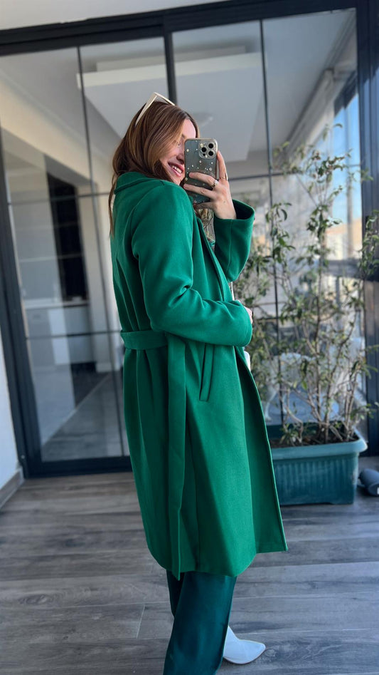 Beli kuşaklı kaşe kaban YEŞİL