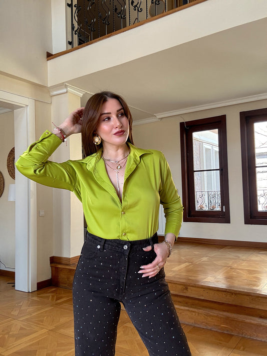 Gold düğme Saten gömlek Yağ yeşil