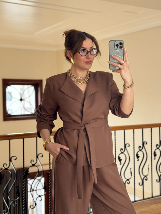 Ceket Kuşaklı Şalvar Takım-KAHVERENGİ