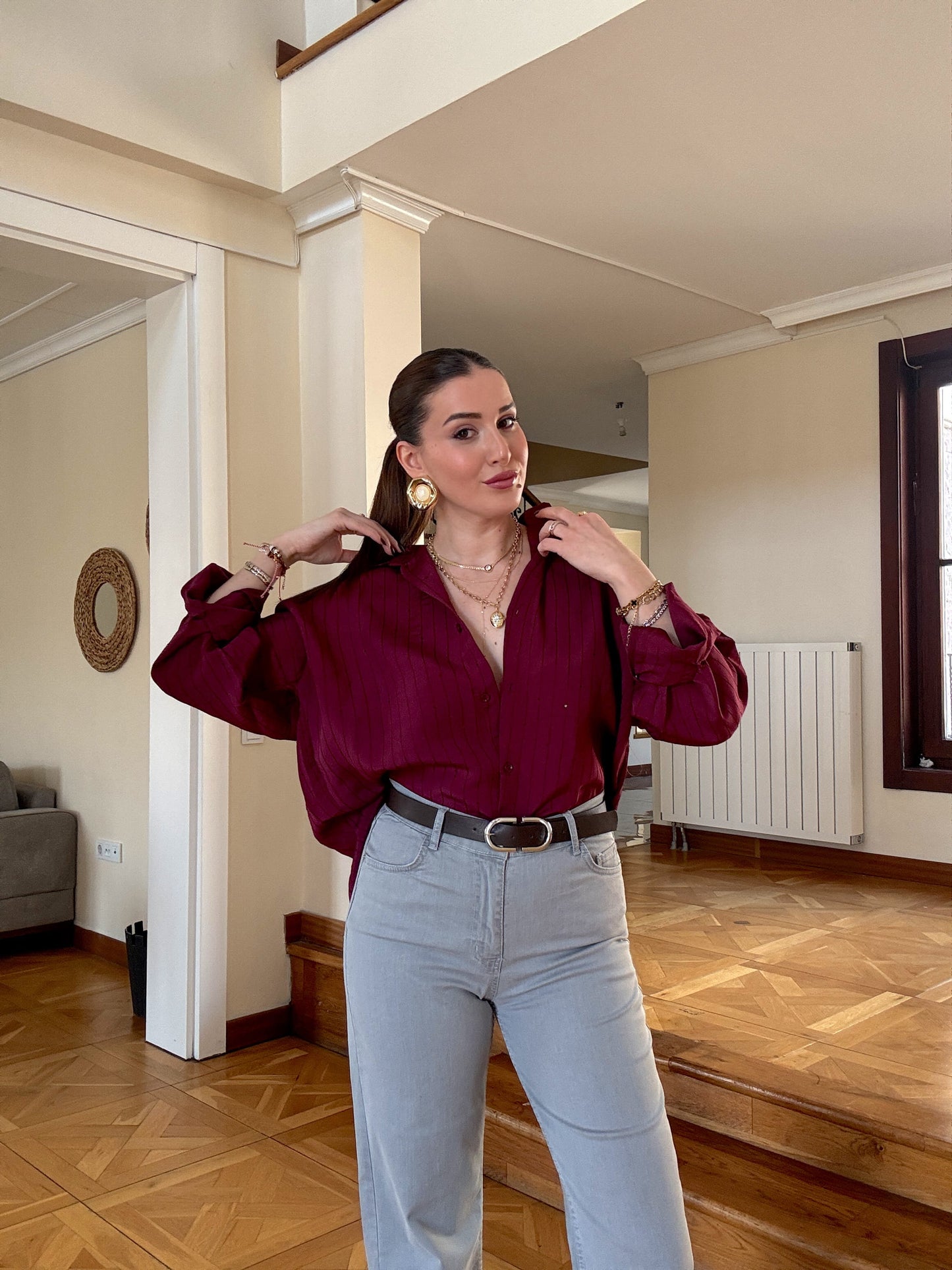 5 Düğme pullu gömlek Bordo