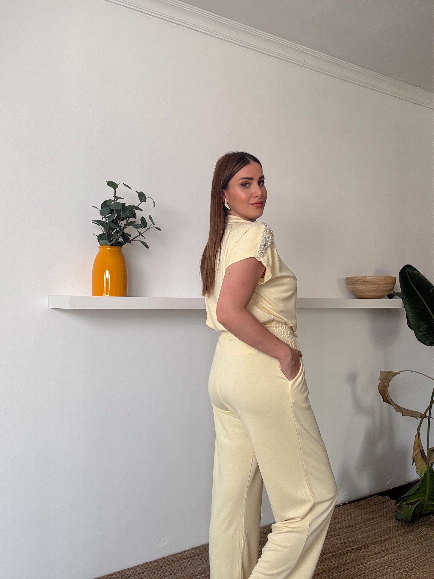 İnci İşlemeli Modal Takım Sarı