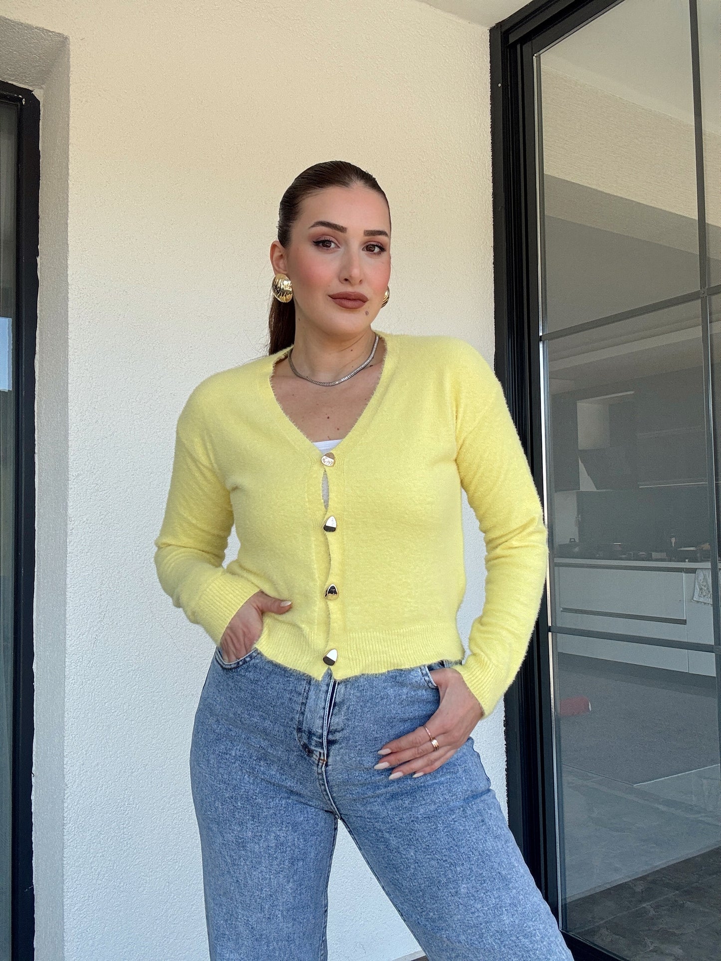 V Yaka yumoş ceket-SARI