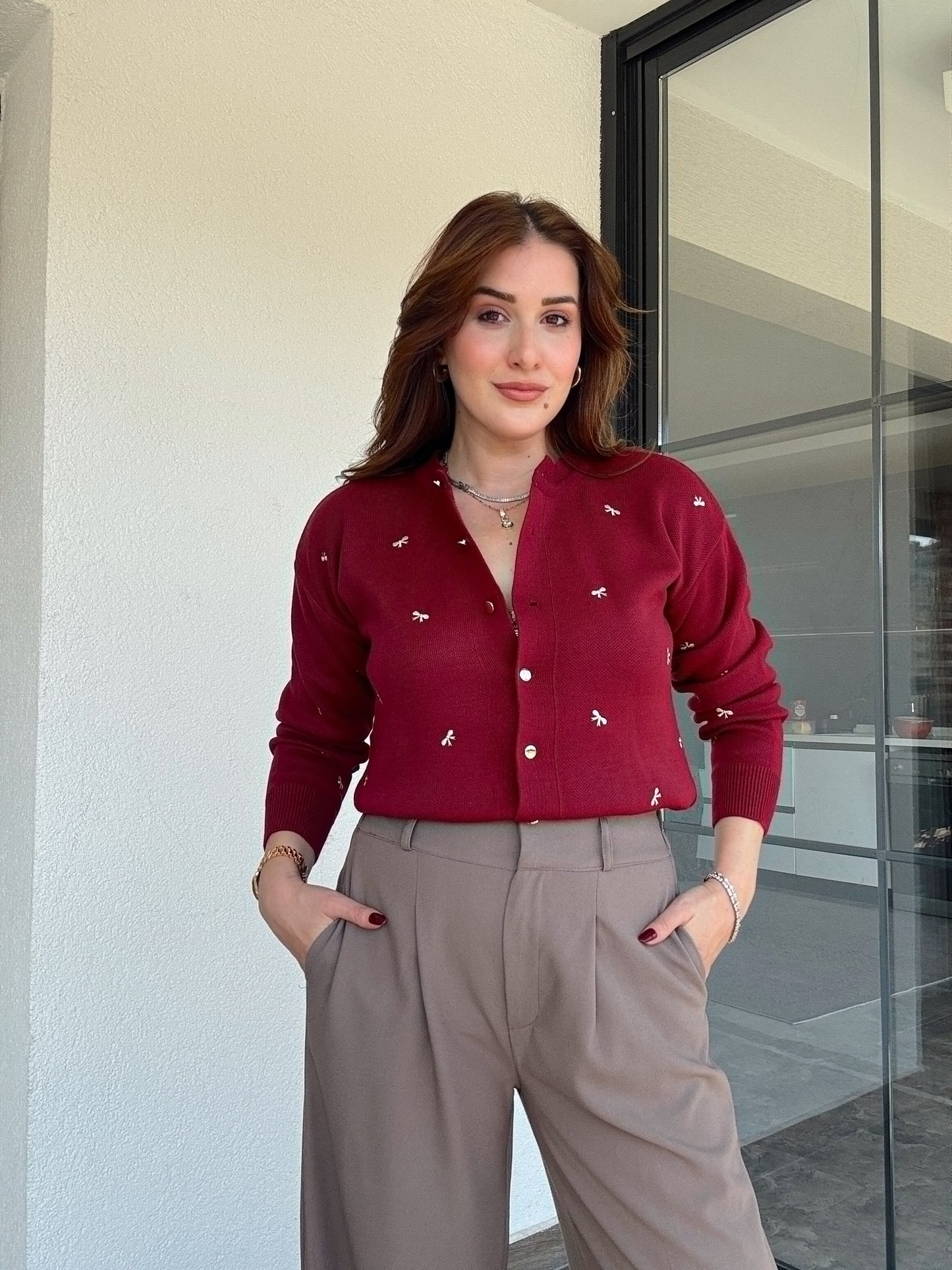 Kurdele nakış işlemeli hırka BORDO