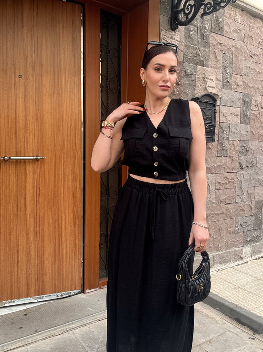 Ön düğme detay yelek etek takım SİYAH