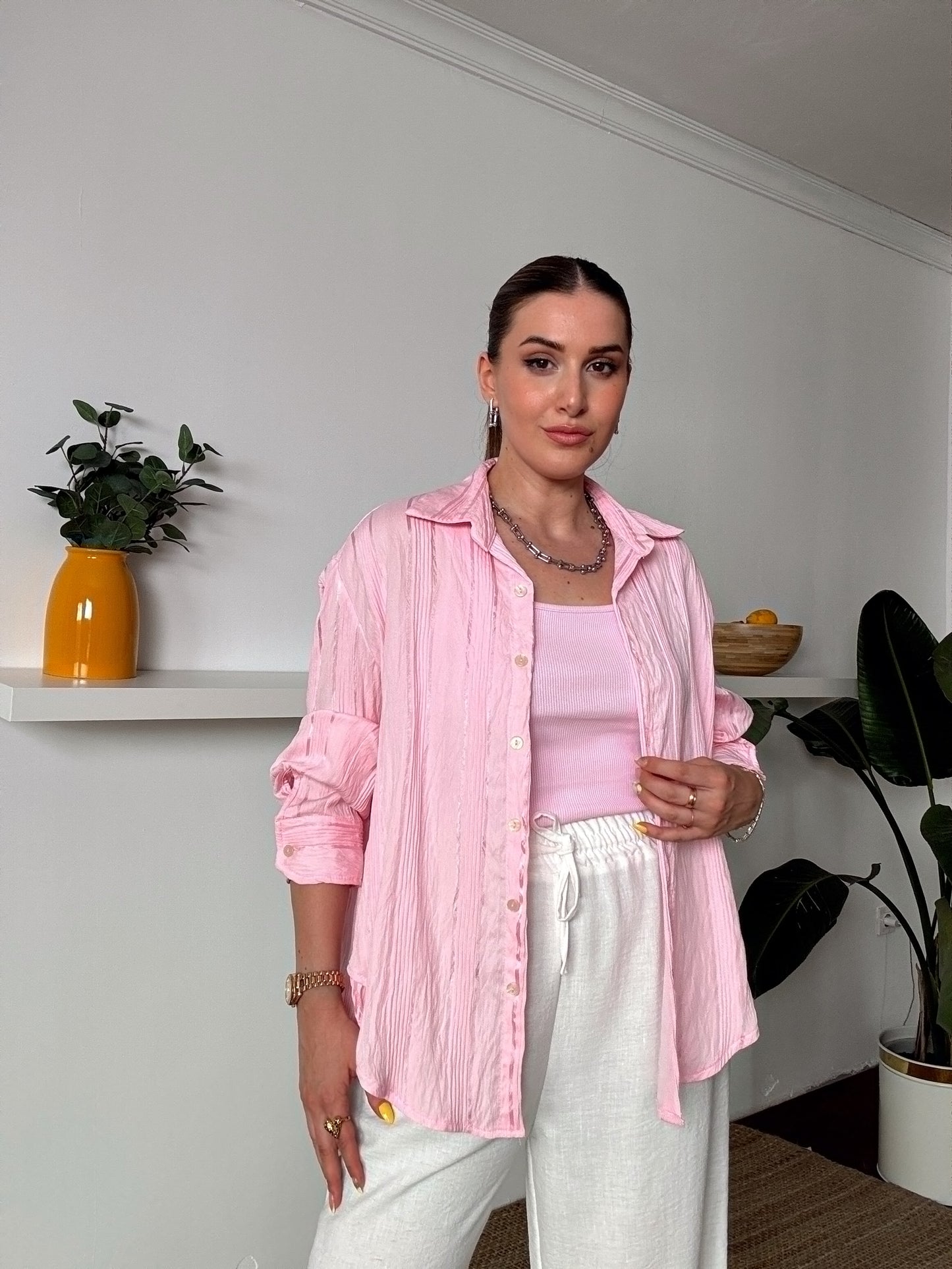 Crush çizgili atletli basic gömlek PEMBE
