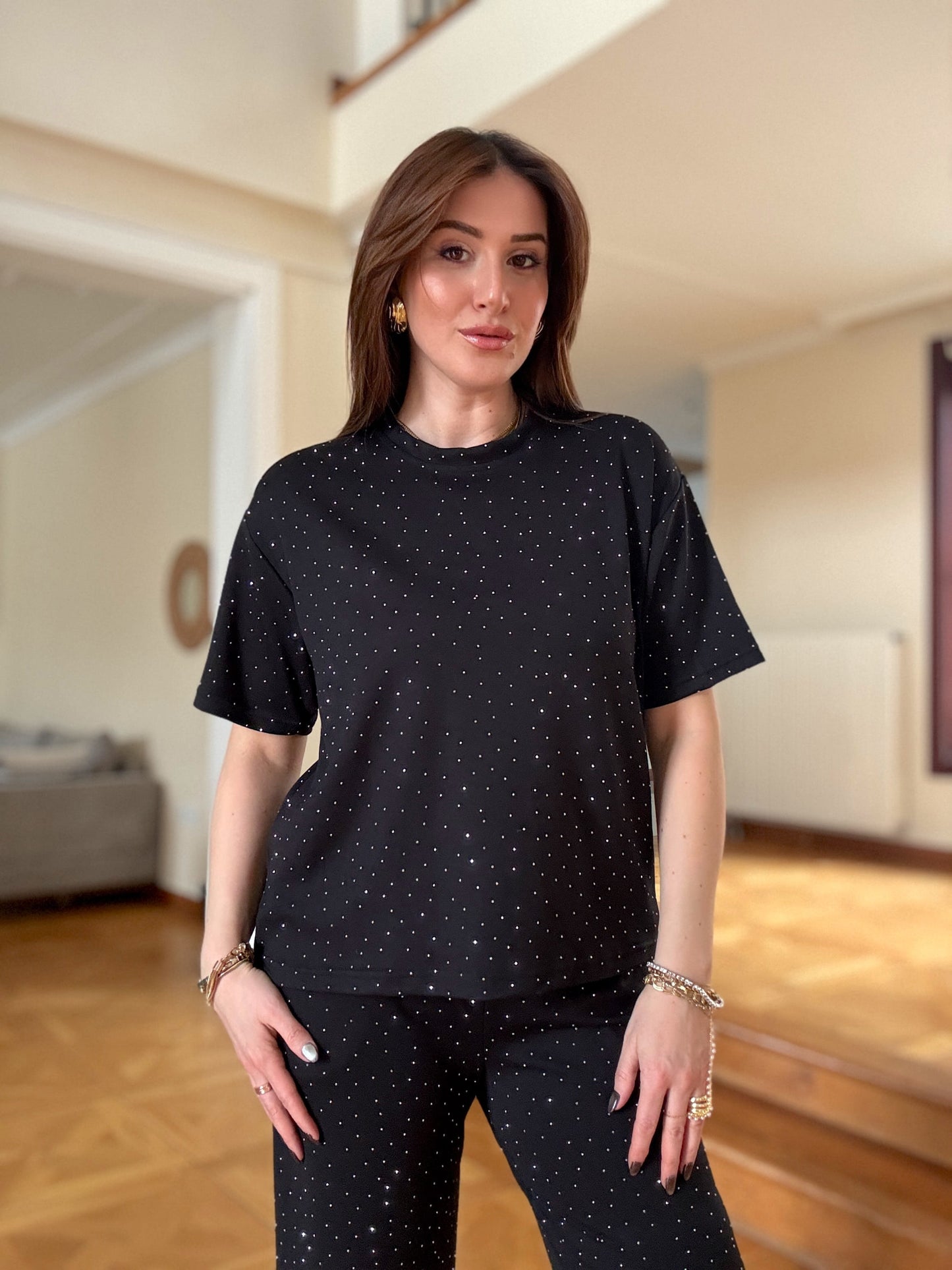 Taşlı kısa kollu ikili takım Siyah