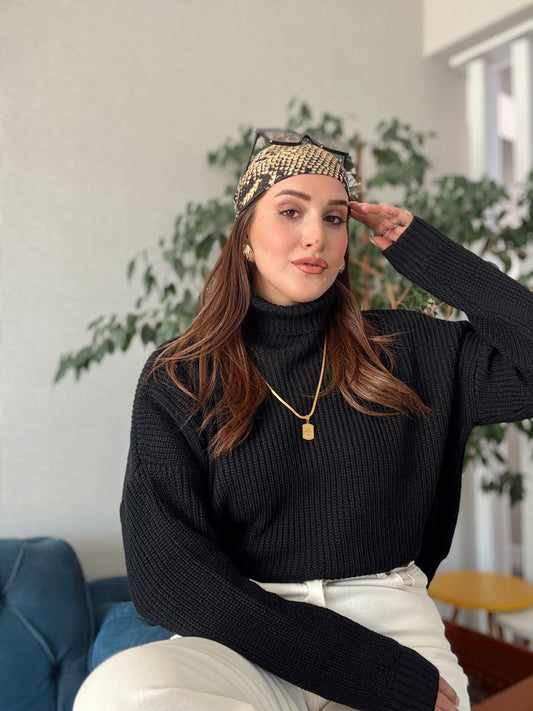 Balıkçı Yaka Selanik Örgü Kazak SİYAH