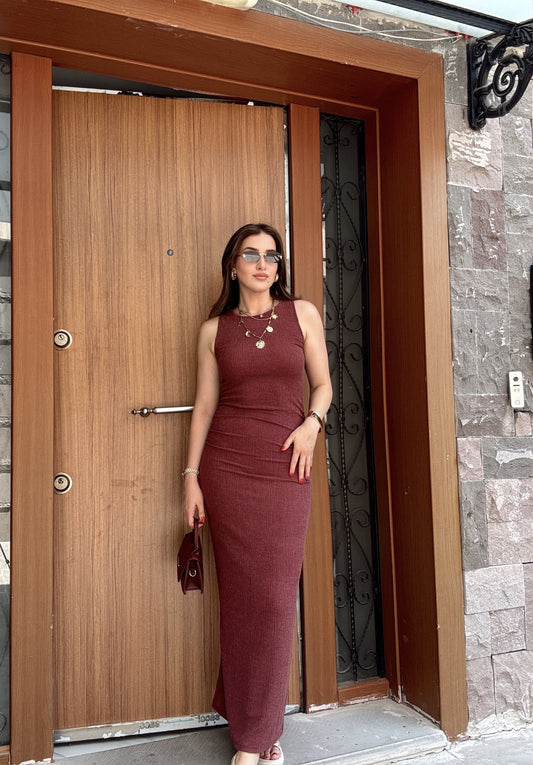 Krinkıl yan lastik büzgülü kolsuz elbise BORDO