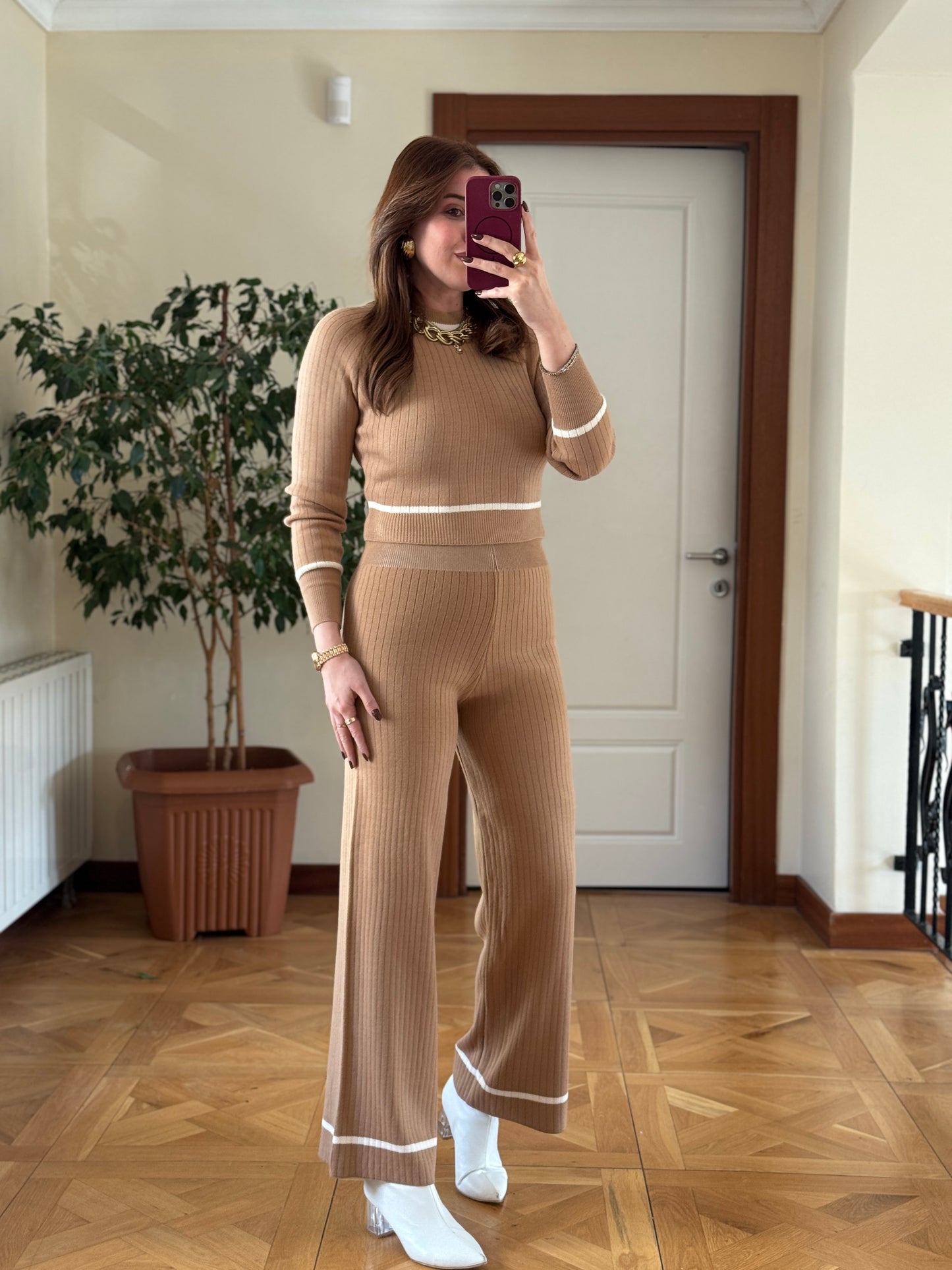 Yaka Ve Eteği Detaylı Basic Fitilli Takım - CAMEL